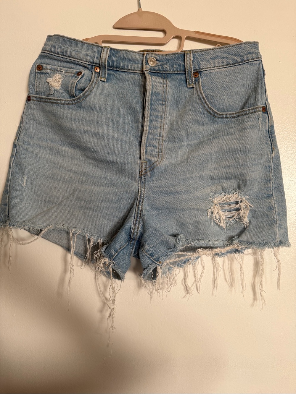 Levi's Light Wash Distressed Ribcage Denim Shorts